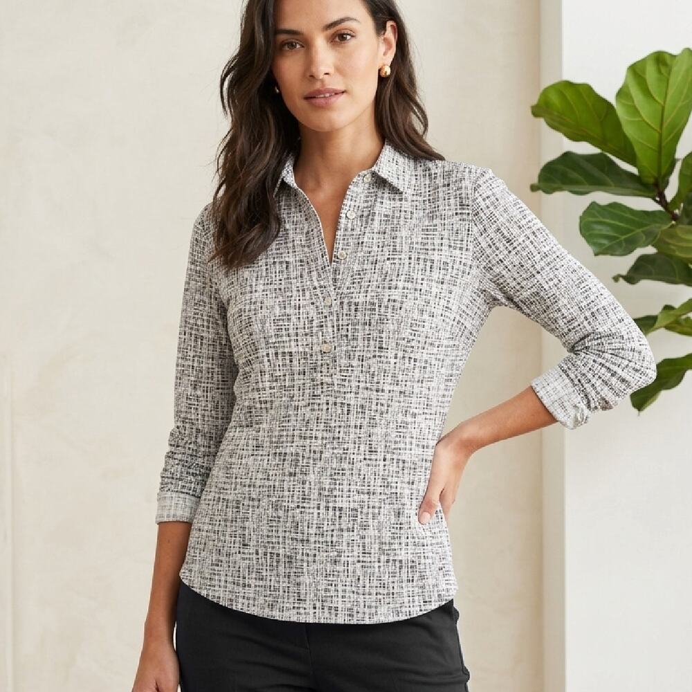 J.McLaughlin Court Long Sleeve Polo Top XS Catalina Cloth Gigi Grid Black White